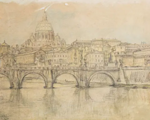 Koelman, Johan Philip – Rom mit Blick auf die Engelsbrücke und den Petersdom. Bleistift und Aquarell auf Karton. Links unten signiert und…