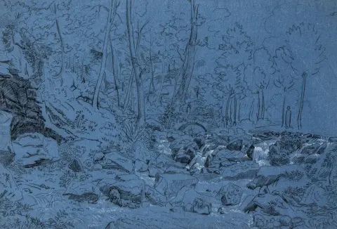 Legendre, Louis Félix – Waldbach bei Fontainebleau. Schwarze und weiße Kreide auf blauem Papier. Ca. 1820. Blattmaße: 29,4 x 43 cm. Unter…