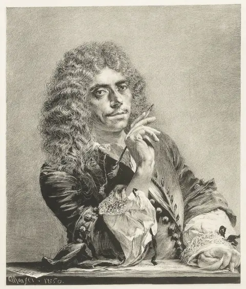 Menzel, Adolph von – Brustbild des Dichters Molière. Lithographie auf festem Papier. Im Stein signiert und datiert. 1850. Motivmaße: 21,2…