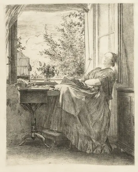 Menzel, Adolph von – Die schlafende Näherin am Fenster. Radierung auf Papier. In der Platte signiert und datiert. 1843. Plattenmaße: 26 x…
