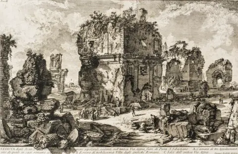 Piranesi, Giovanni Battista – Vier doppelblattgroße Radierungen aus "Le Antichitá Romane". Rom, 1756. Blattmaße: 51 x 72 cm. Vorhanden: I.…