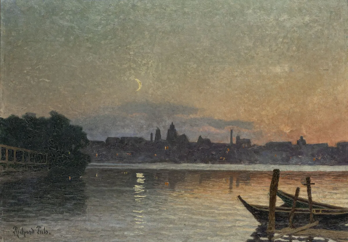 Puls, Richard – Bez naslova. (Gradska silueta u večernjem svjetlu). Ulje na platnu. Potpisano dolje lijevo. Vjerojatno oko 1900. Veličina slike: 50 x 70,5 cm.…