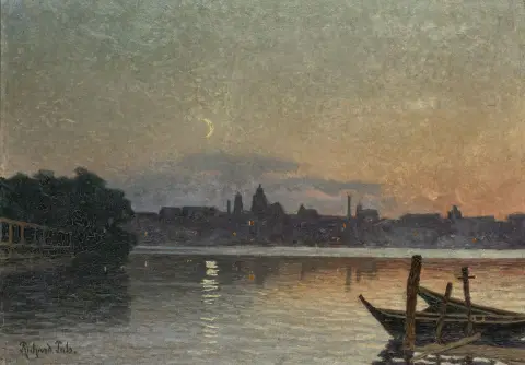 Puls, Richard – Ohne Titel. (Stadtsilhouette im Abendlicht). Öl auf Leinwand. Unten links signiert. Wohl um 1900. Bildgröße: 50 x 70,5 cm.…