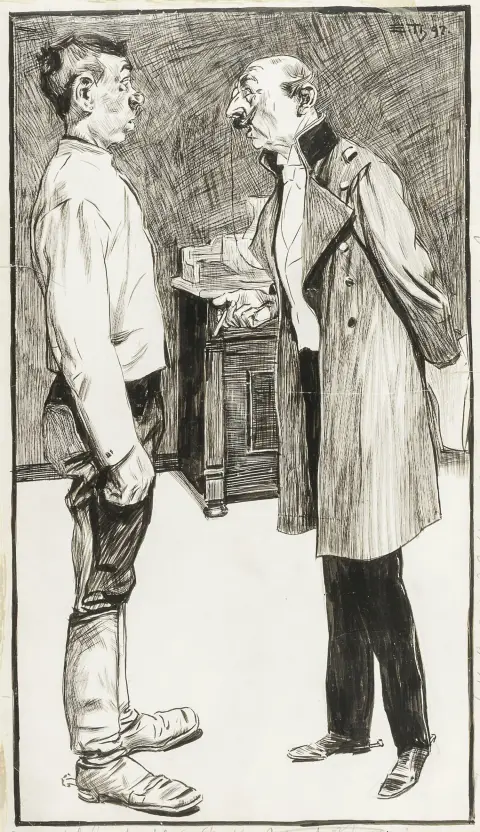 Thöny, Eduard – Offizier und Bursche. Pinsel in Schwarz auf Karton mit fein geriefelter weißer Grundierung. Oben rechts monogrammiert und…