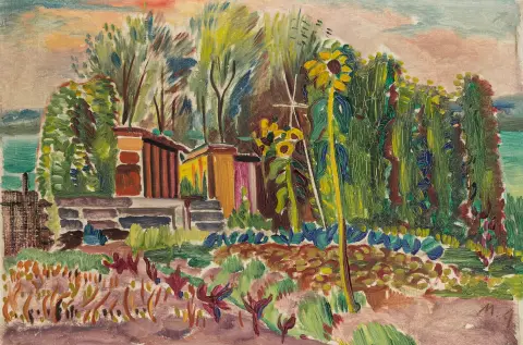 Ackermann, Max – Garten am See (am Bodensee). Tempera auf Leinwand. Monogrammiert unten rechts "M.A." sowie verso auf einem alten Etikett…