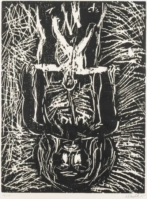 Baselitz, Georg – Schwarze Mutter, weißes Kind. Holzschnitt auf Japanbütten. Signiert und datiert rechts unten. Links unten nummeriert.…
