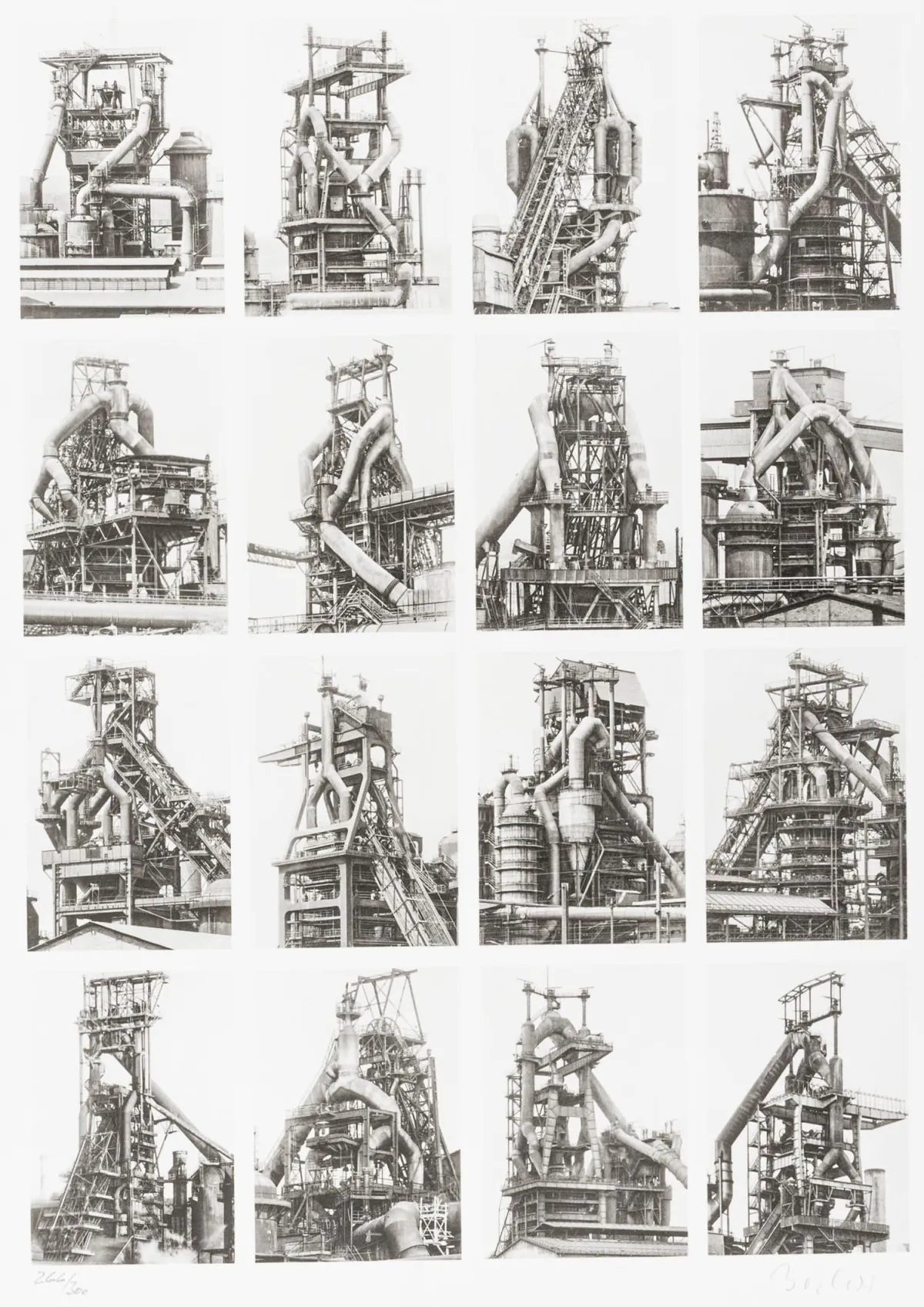 Бехер, Бернд і Гілла – 16 доменних печей (з: «Kölner Kunstmarkt»). Офсет на цупкому папері. Праворуч унизу підпис, ліворуч унизу нумерація.…