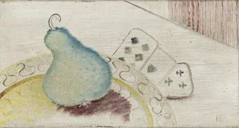 Behrens-Hangeler, Herbert – Ohne Titel. (Stillleben mit Birne und Spielkarten). Öl auf Leinwand. Mit Ritzmonogramm unten rechts. Wohl…