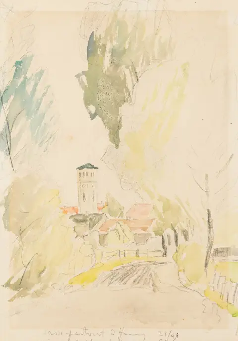 Buchholz, Erich – Kirche in Germendorf. Aquarell über Bleistift auf chamoisfarbenem Zeichenpapier. Unten rechts monogrammiert, im unteren…