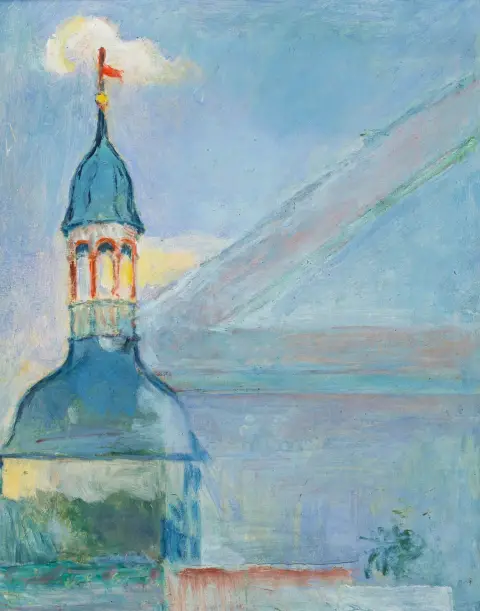 Buchholz, Erich – Kirche in Vehlefanz. Öl auf Hartfaser. Verso von Eila Schrader-Buchholz bezeichnet und von ihr zertifiziert auf…