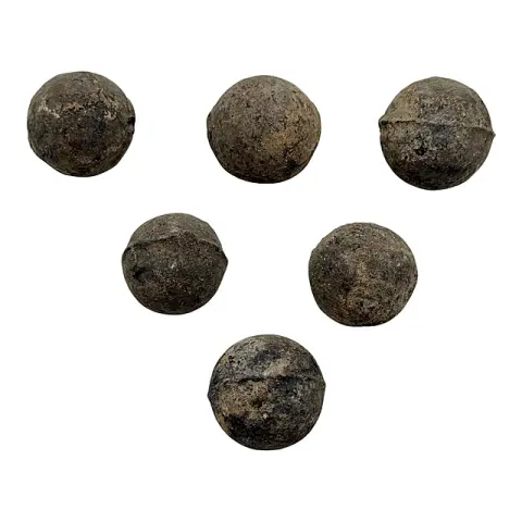 Sechs Kanonenkugeln für eine Feldschlange, Eisenschlacke, Herzog Julius Hütte Langelsheim, um 1575