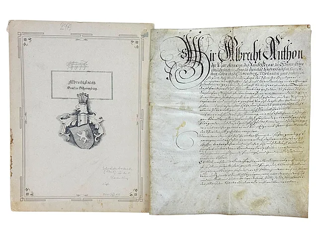Documento in pergamena Albrecht Anton Reichsgraf zu Schwarzburg-Rudolstadt per l'arte dei sarti, 1701