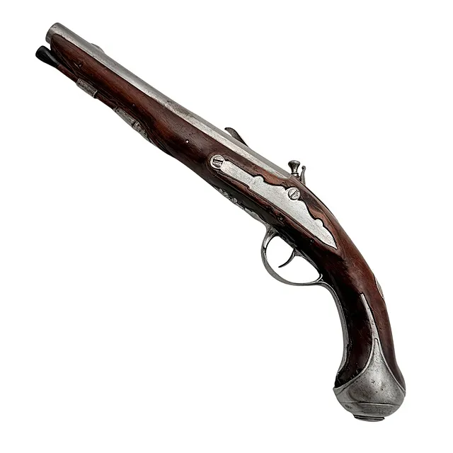 Pistola a pietra focaia con calcio intero in noce e placca del pollice color argento per ufficiali, XVIII sec.