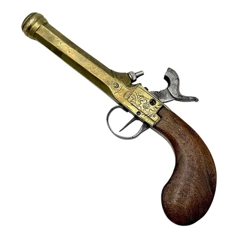 Taschenpistole, Messinglauf mit Kanonenmündung, graviertes Kastenschloss, Lüttich, Mitte 19. Jh.