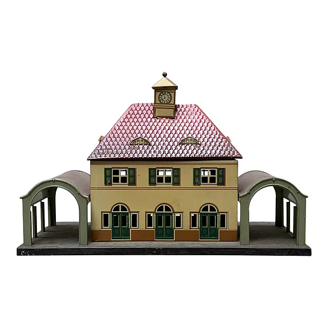 Karl Bub Núremberg, estación de tren de hojalata litografiada con torre del reloj y dos accesos cubiertos al andén