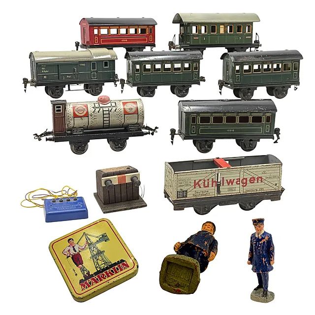 Märklin escala 0 coche de pasajeros 17190, 17210, 17270, furgón de equipajes 17260, vagón cisterna, guardagujas Elastolin