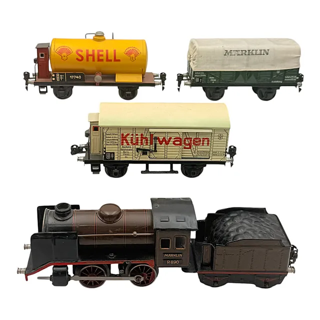 Locomotora de vapor Märklin R 890 con ténder y tres vagones de mercancías, escala 0, cuerda, años 1930