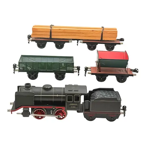 Märklin Dampflok R 890 mit Langholz-, Niederbord- und Kippwagen, Spur 0, 1930er Jahre