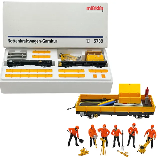 Märklin 5739 vagón de mantenimiento Klv 53 y 5740 remolque con figuras, escala 1, en caja original, años 1980/1990
