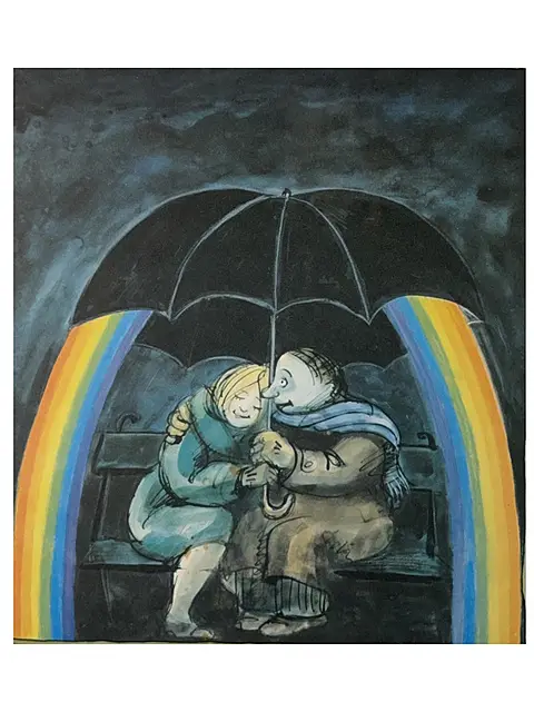 Tomi Ungerer, Im Tief hilft der Regenbogen, handsignierter Farboffset mit Regenschirm