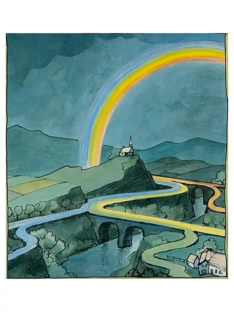 Tomi Ungerer, Alles Gute kommt vom Bogen, handsignierter Farboffset mit Regenbogen