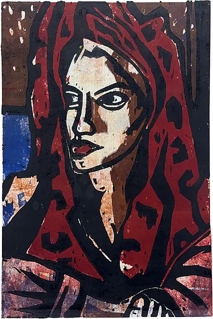 Tino Rex, „Katja mit dem Badetuch“, Frauenbildnis mit rotem Tuch, Exemplar 2/10, datiert 2007