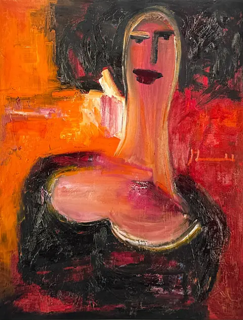 Bente Merrild, Plakat „Madonna“, abstrahiertes Frauenbildnis in Rot- und Orangetönen, 2013, gerahmt