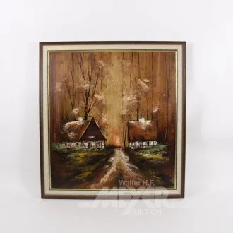 Gemälde, "Bauerkaten im Wald"