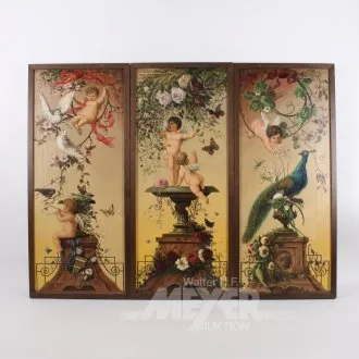 Triptych 3dílný "Holubice, páv, motýl a putti"
