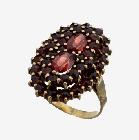 Bague grenat en or 14 kt, or gris 585/000, tête ovale, facetté ovale et rond