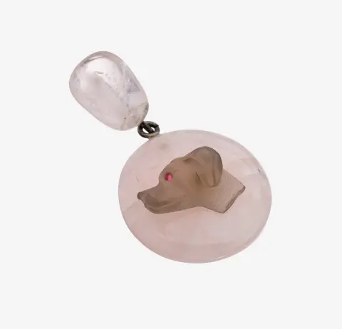 Pendentif original en rose quartz et quartz fumé, Idar-Oberstein, vers 1920, rond mobile