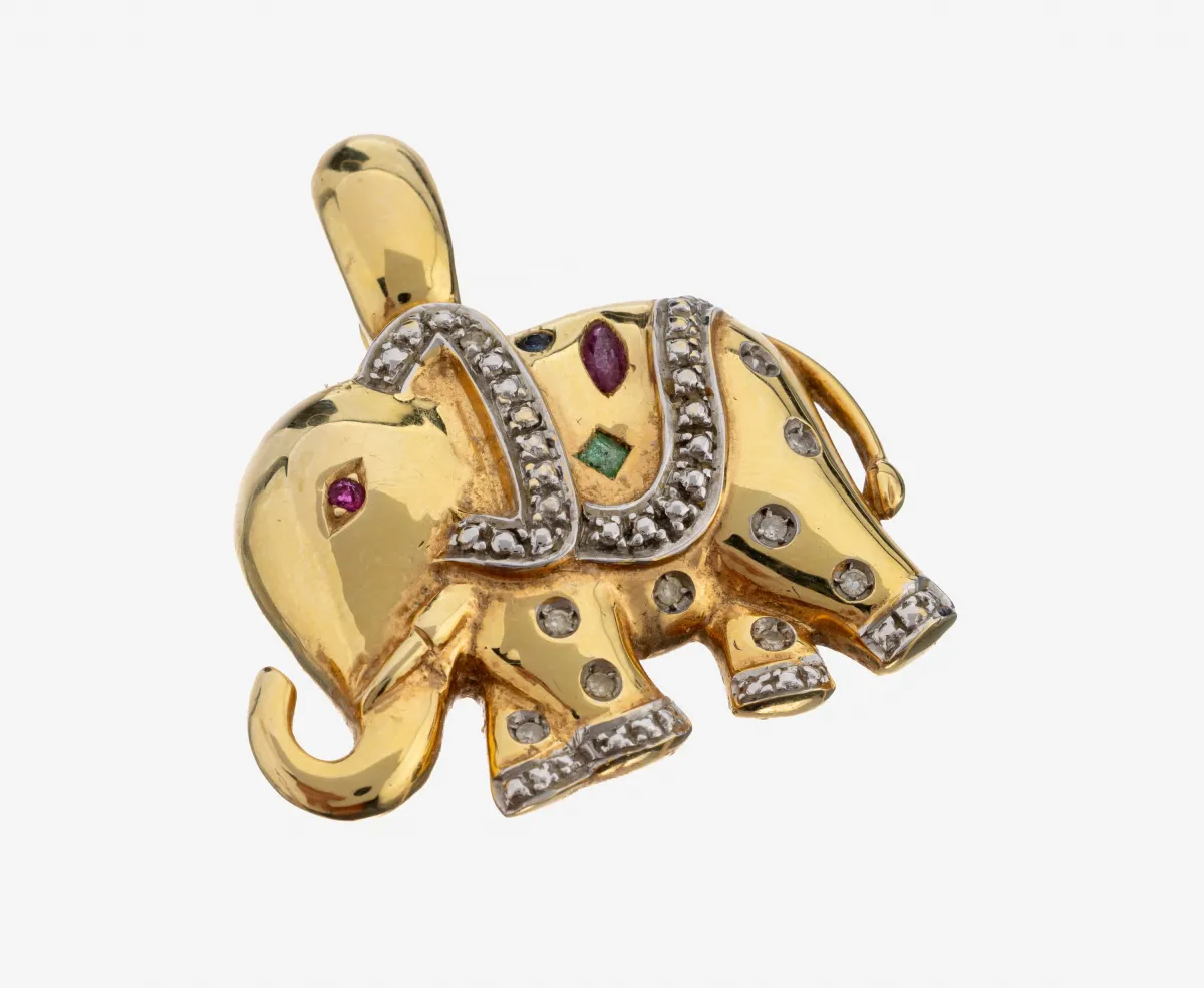 Pendentif éléphant or 14 kt avec pierre de couleur et diamant, or jaune 585/000