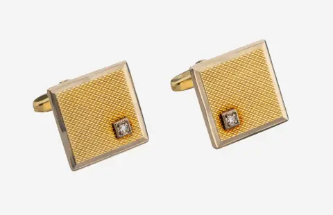 Paire de boutons de manchette diamant or 14 kt, or jaune/blanc 585/000, plaque carrée