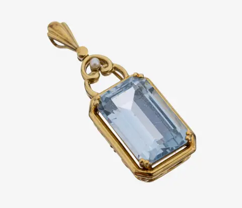 Pendentif perle et pierre colorée en or 14 kt, or jaune 585/000, spinelle synthétique bleu clair