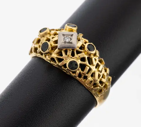 18 kt gouden diamant-kleursteen ring, YG/WG 750/000, ongebruikelijk design, opengewerkt