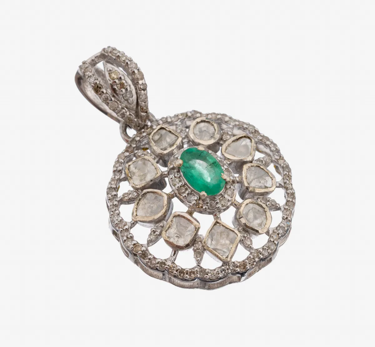 Smaragd-Diamant-Anhänger, Silber gepr., runde bewegl. Abhängung, durchbrochen, mittig