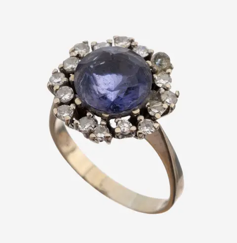14 kt gouden tanzaniet-diamant ring, witgoud 585/000, centraal rond gefacetteerde tanzaniet ca. 1,80 ct