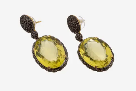 Paar lemoncitrien-diamant oorknoppen, gerhodineerd en verzilverd zilver, beweegbare ophangingen, 2