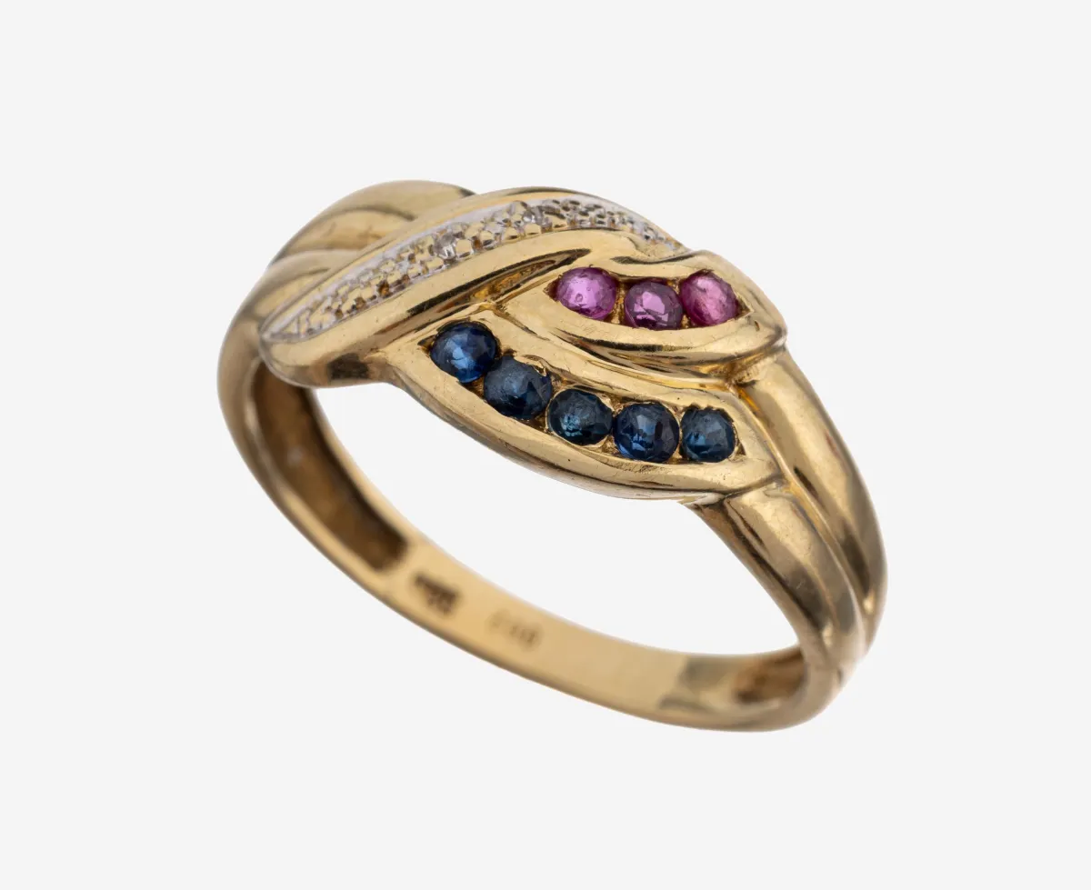 14 kt Gold Saphir-Rubin-Diamant-Ring, GG 585/000, geschwungenes Design, 5 rundfacett