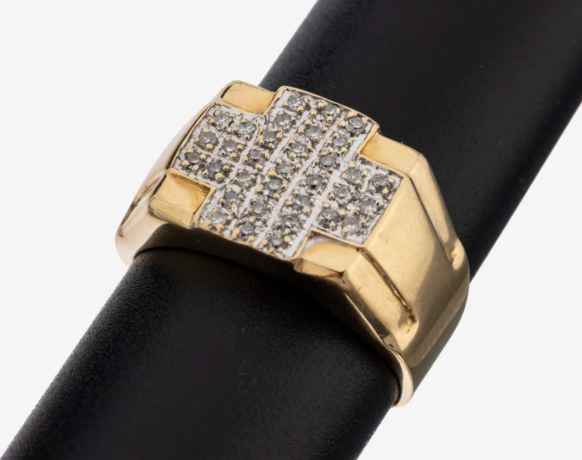 14 kt Gold Diamant-Ring, GG 585/000, Ringkopf mit kreuzf. rhod. Element, 33 8/8-