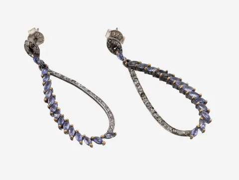 Paar tanzaniet-diamant oorknoppen, 925 zilver zwart gemaakt, druppelvormige hanger, 30