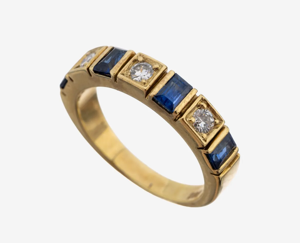 14 kt Gold Saphir-Brillant-Ring, GG 585/000, 4 Saphirbaguettes zus. ca. 0.20 ct,