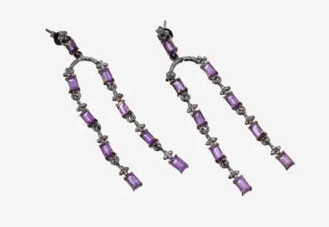 Paar amethist-diamant oorknoppen, 925 zilver gekeurd, beweegbare hangers, 18