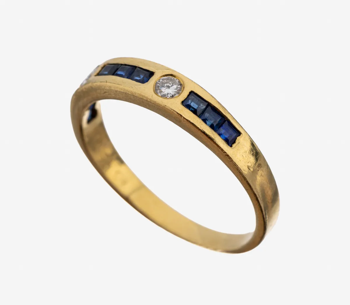 18 kt Gold Saphir-Brillant-Ring, GG 750/000, schlichtes Design, 9 Saphir-Carrees zus