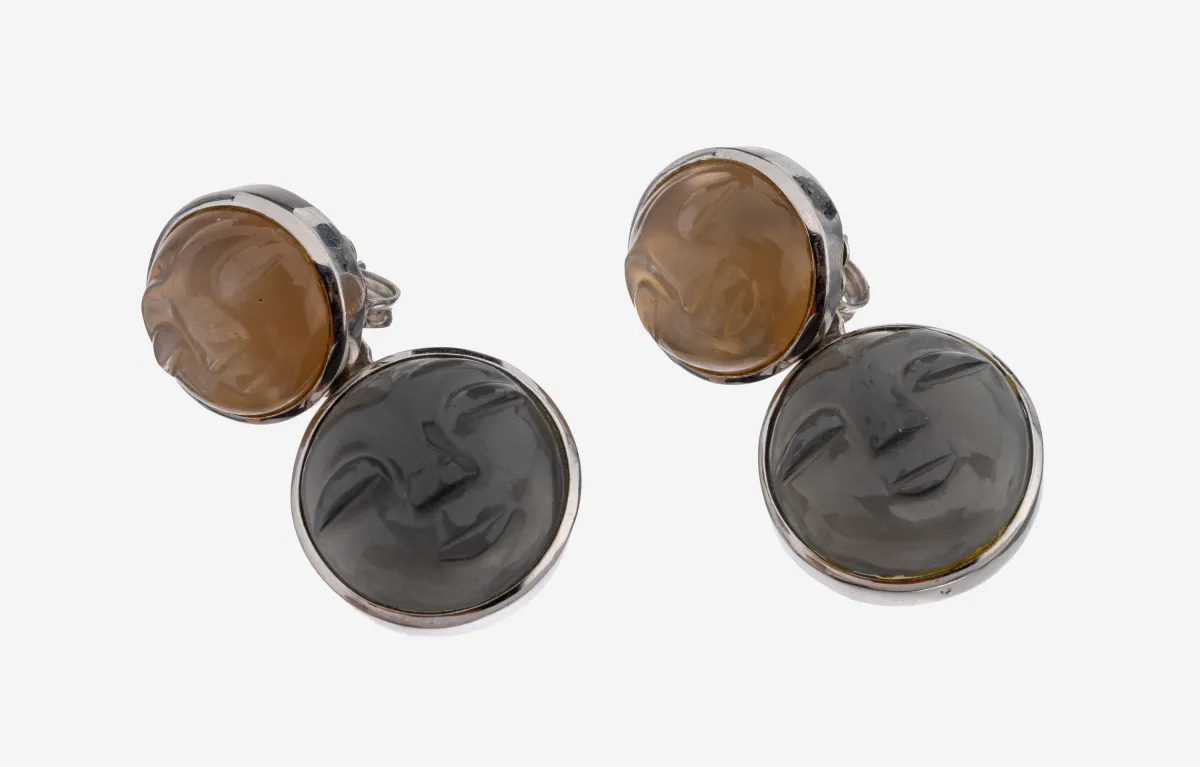 Paar 14 kt Gold Mondstein-Ohrstecker, WG 585/000, grauer und hellbrauner Mondstein in