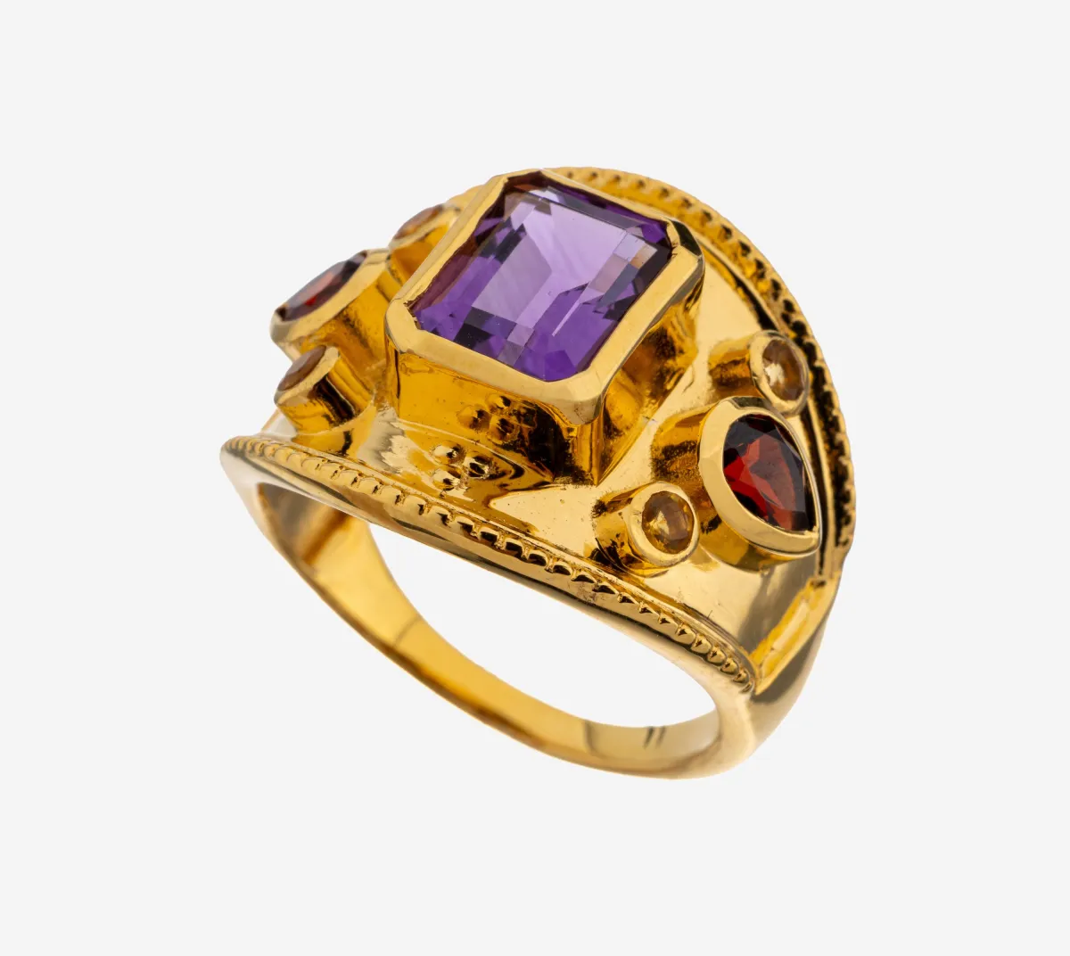 Bague améthyste-grenat-citrine, argent 925 plaqué, au centre améthyste taille émeraude env.