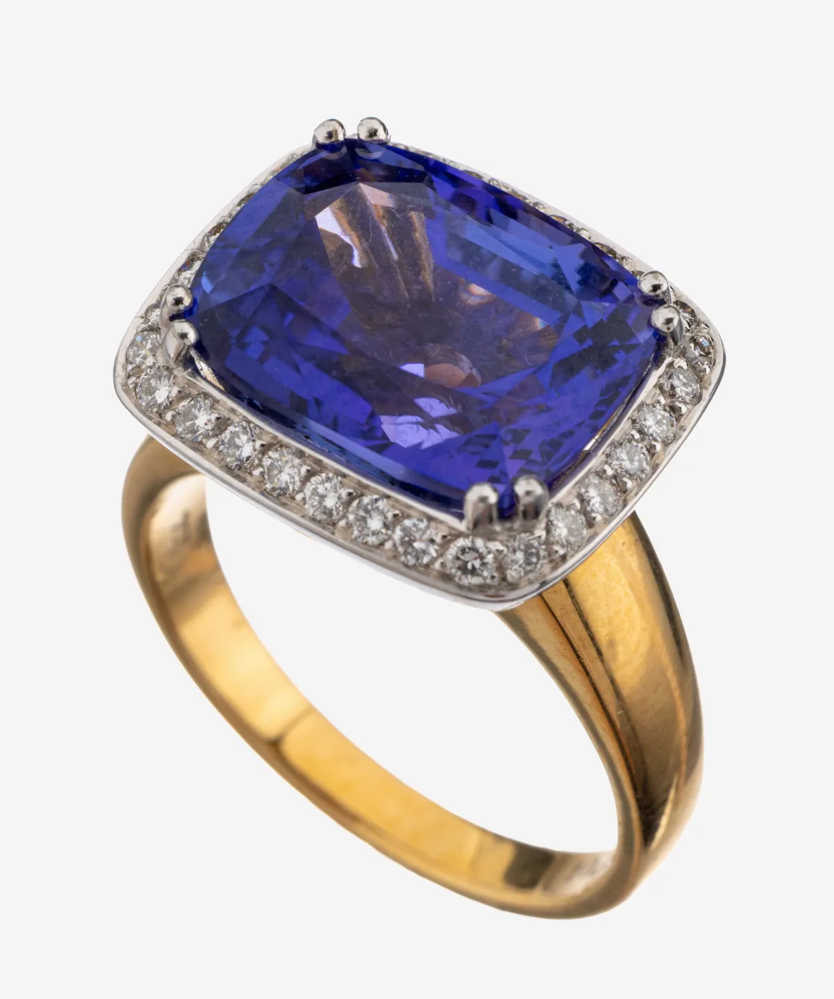 18 kt Gold Tansanit-Brillant-Ring, GG/WG 750/000, in WG gefasster Tansanit ca. 10.81