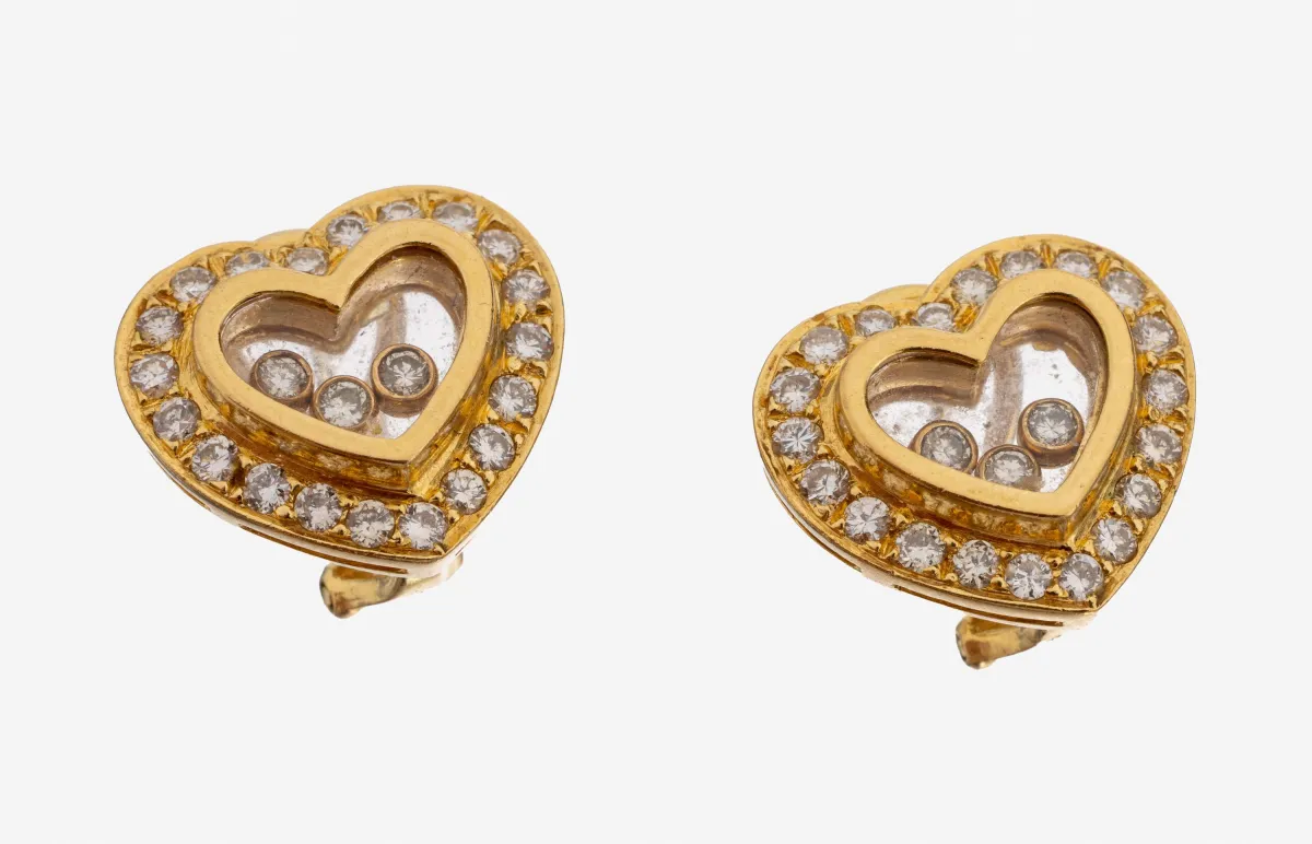 Paar 18 kt Gold Brillant-Ohrstecker, GG 750/000, Herz, 46 Brillanten, davon 6 bewegl