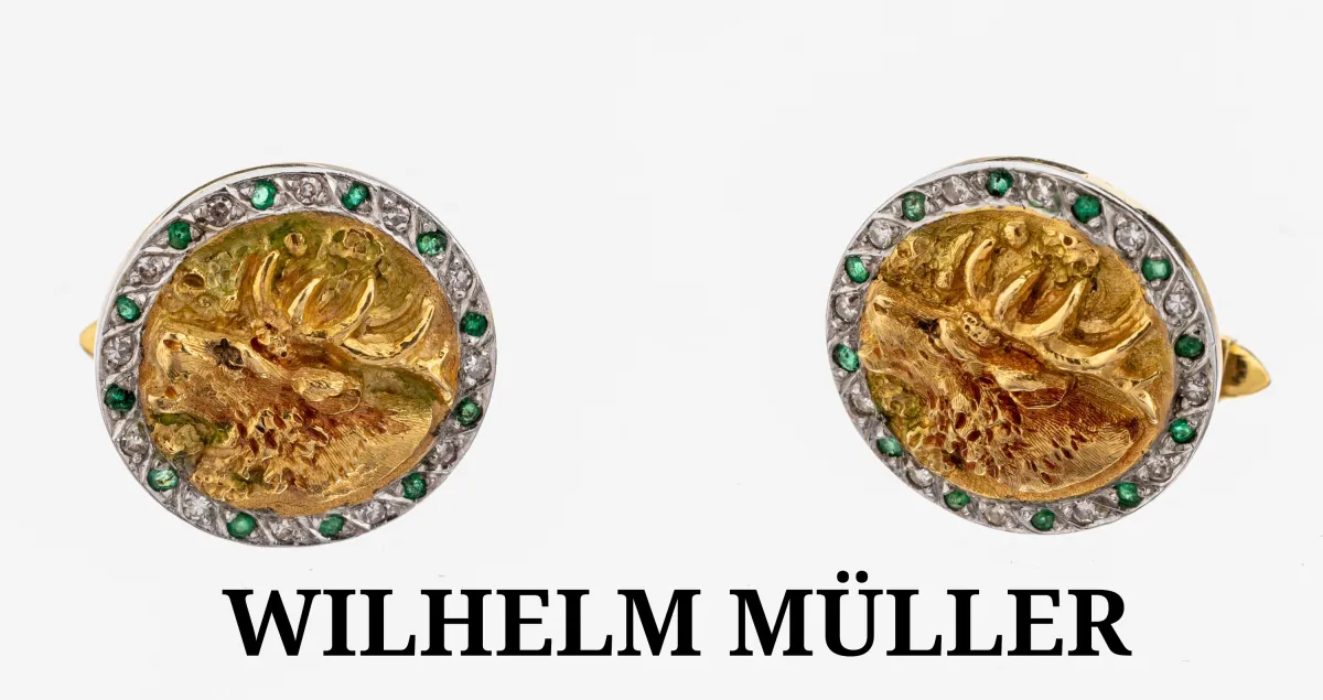 Paar 18 kt goud diamant-smaragd manchetknopen, geel/wit goud 750/000, rond, reliëf met