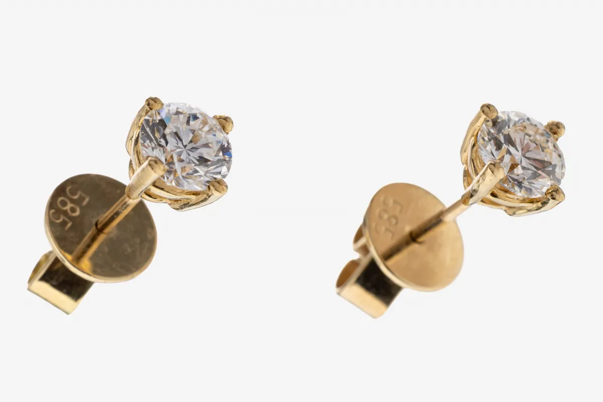 Paire de boucles d'oreilles puces diamant en or 14 kt, or jaune 585/000, 2 diamants total env. 1,02 ct blanc/si